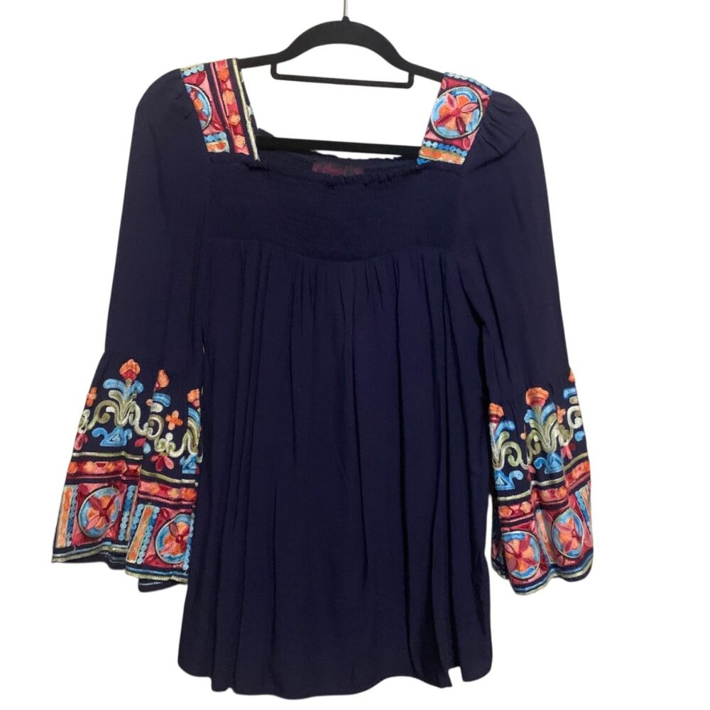 Cowgirl Legend Women’s Tunic Blue Turquoise Beads Embroidered‎ Peasant Blouse.